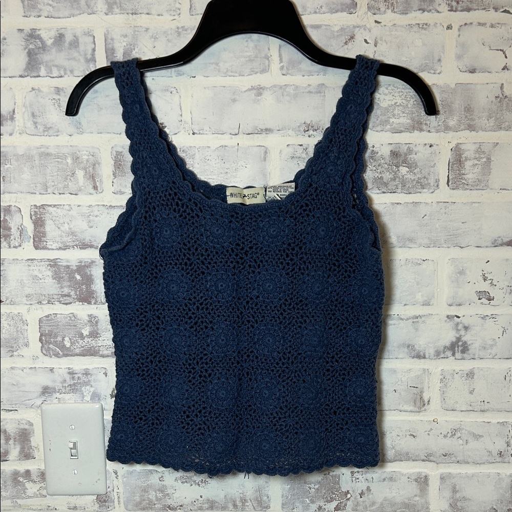 VTG 90’s White Stag Women's Medium Top Dark Blue Crochet Cropped Tank Top Boho